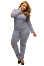 Gray Plus Size Slit Long Sleeve Jumpsuit