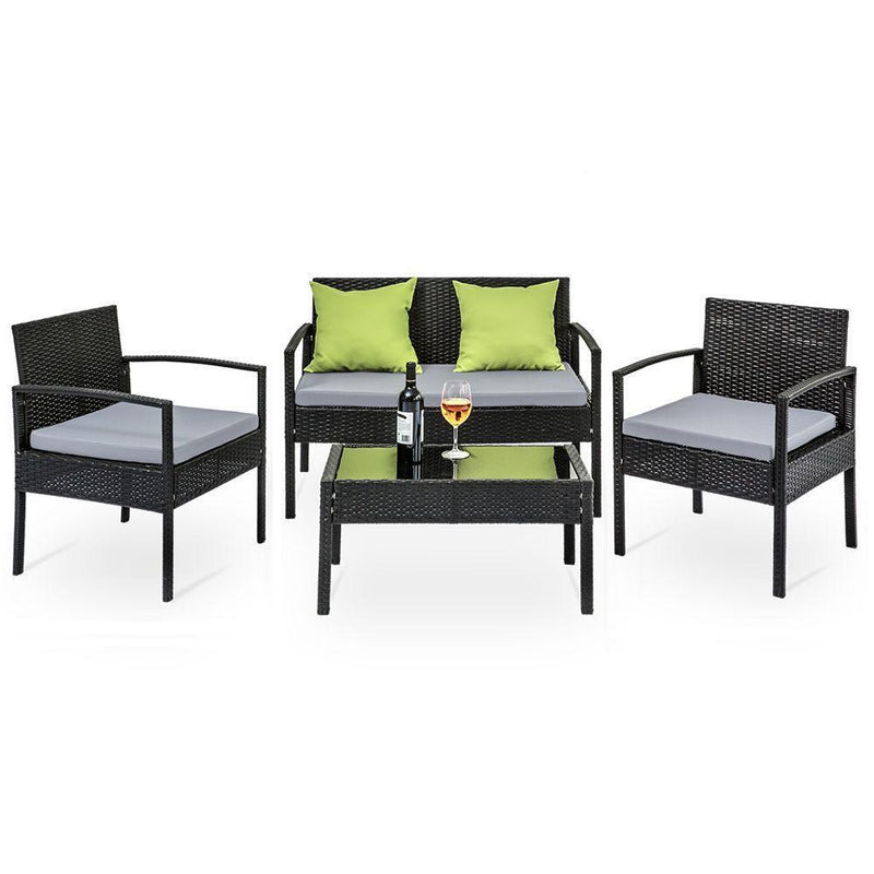 4 Seater Sofa Set Outdoor Furniture Lounge Setting Wicker Chairs Table Rattan Lounger Bistro Patio Garden Cushions Black