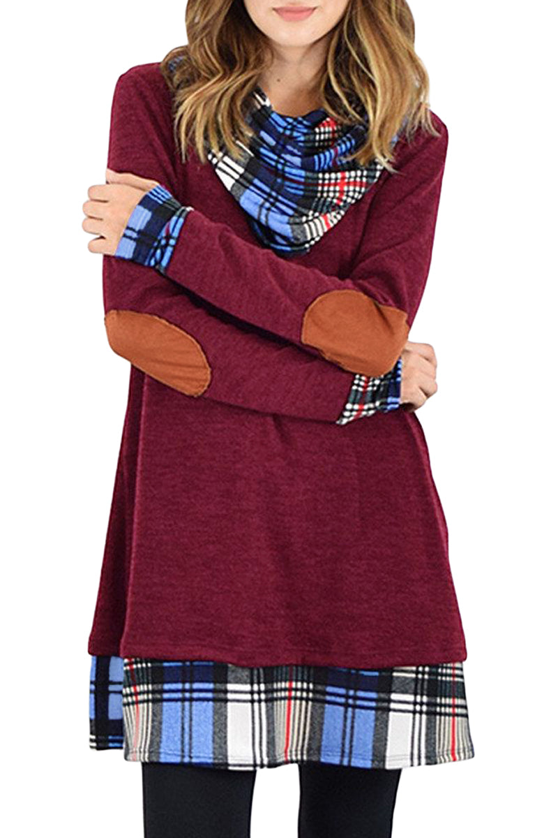 Burgundy Plaid Elbow Patch Cowl Neck Dress