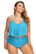 Sky Blue Allure Juniors Plus Size Laser Cut Flounce Swimwear