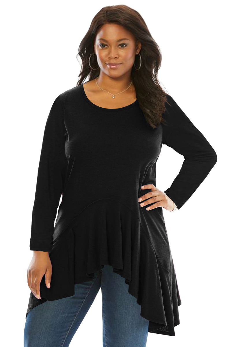 Black Long Sleeve Frill Hemline Plus Size Tunic