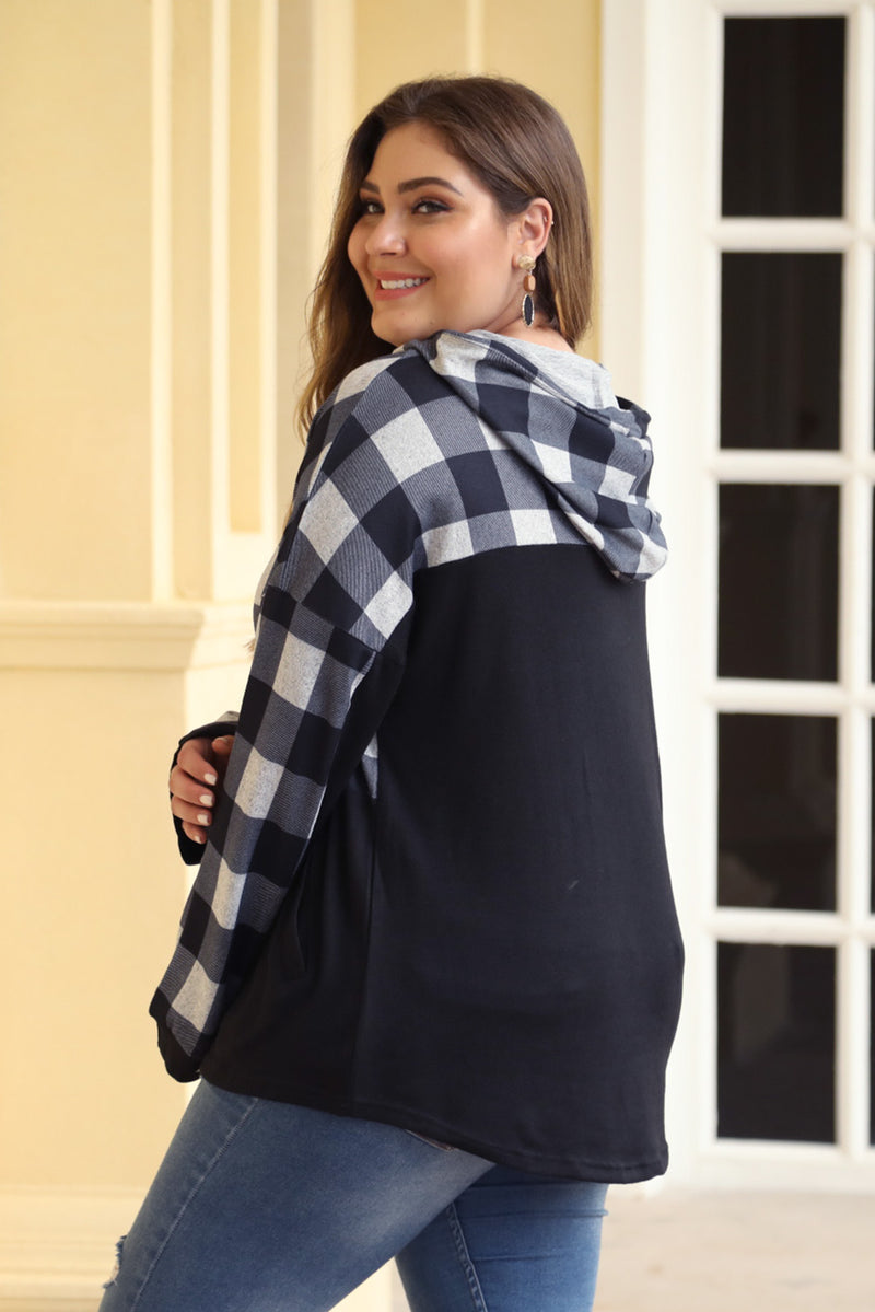 Black Plaid Patchwork Plus Size Hoodie