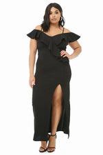 Black Plus Size Open Shoulder Ruffle Dress