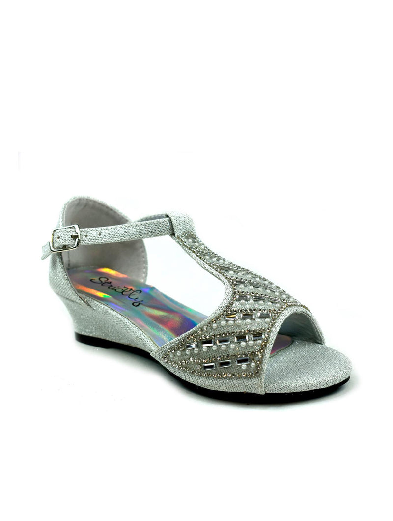 Girl's Wedge T-Bar Party Sandals Silver