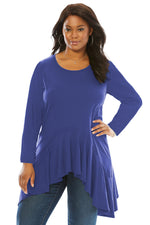 Blue Long Sleeve Frill Hemline Plus Size Tunic