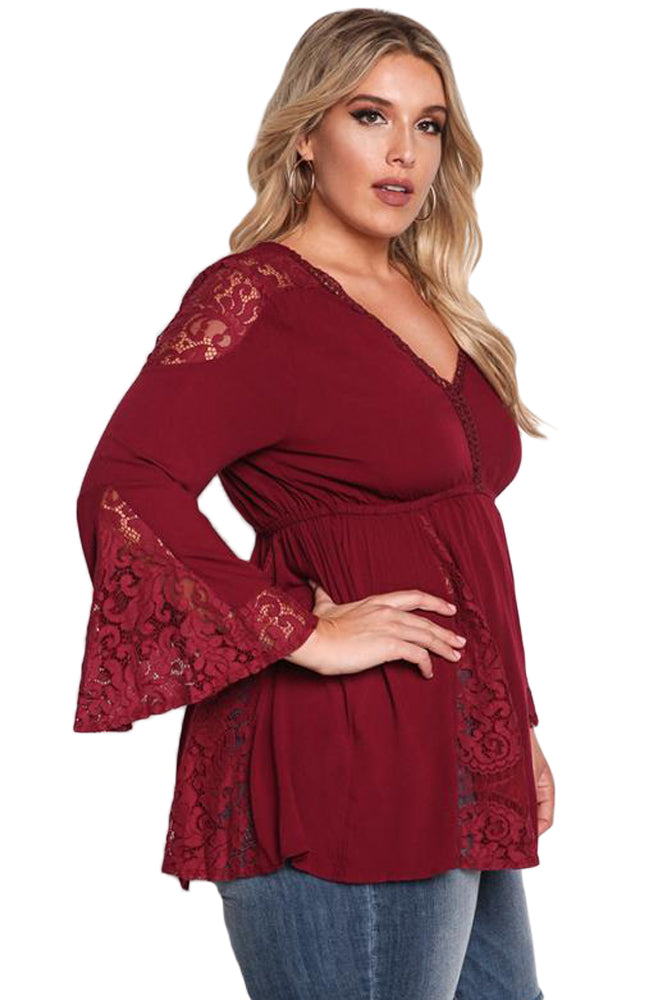 Burgundy V Neck Lace Insert Bell Sleeves Babydoll Plus Top