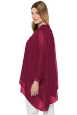 Burgundy Long Sleeve Chiffon Overlay Plus Size Blouse