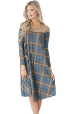 Slate Blue Checked Long Sleeve Casual Midi Dress