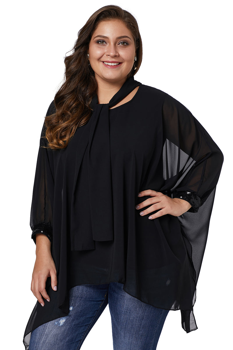 Black Long Sleeve Chiffon Overlay Plus Size Blouse