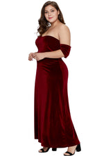 Burgundy Sweetheart Bandeau Off Shoulder Plus Velvet Gown