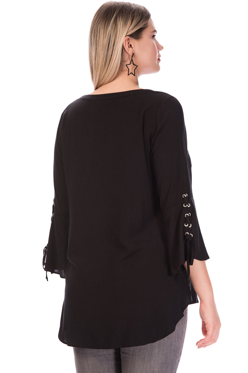 Black Lace Up Bell Sleeve Plus Size Top