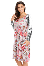 Brown Paisley Print Stripe Raglan Sleeve Dress