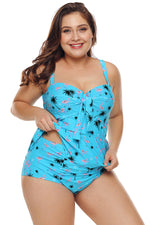 Blue Summer Beach Print Plus Size Ruffled Tankini with Panty