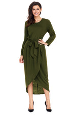 Olive Tulip Faux Wrap Sash Tie Jersey Dress