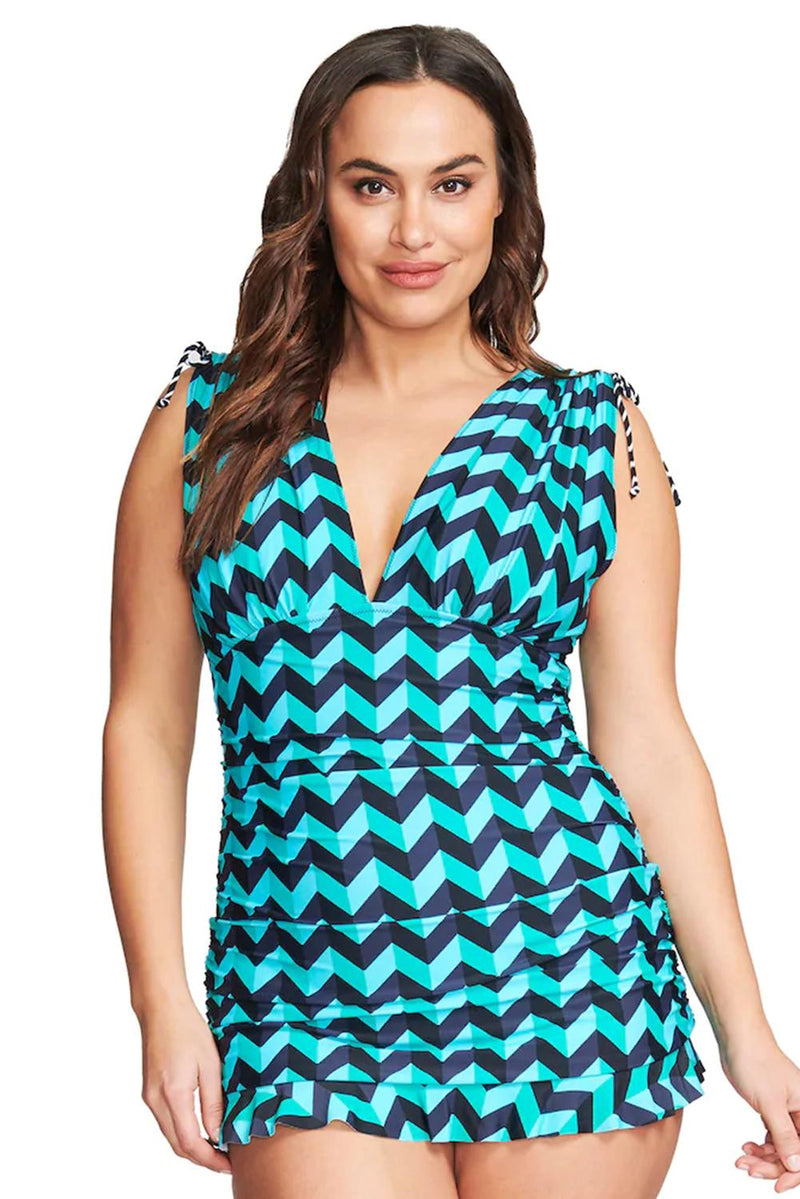 Green Plus Size Grecian Skater Ruched Tankini