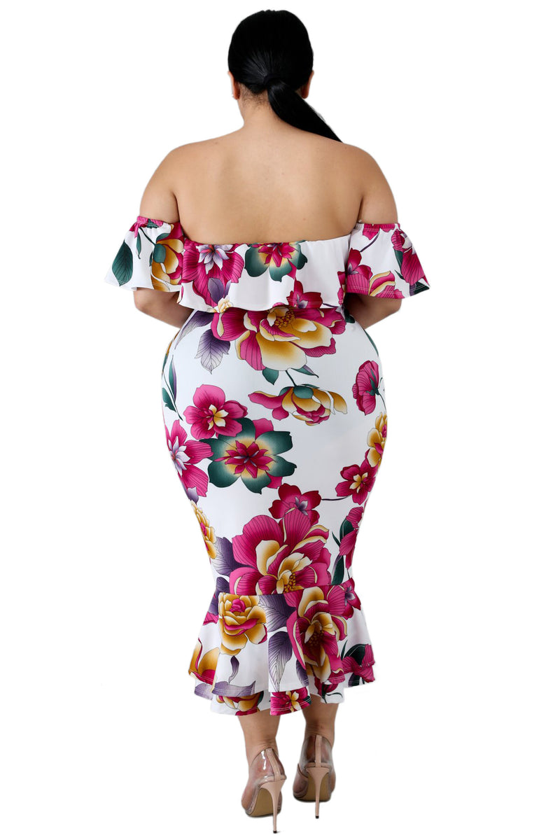 White Off-the-shoulder Floral Mermaid Plus Size Dress