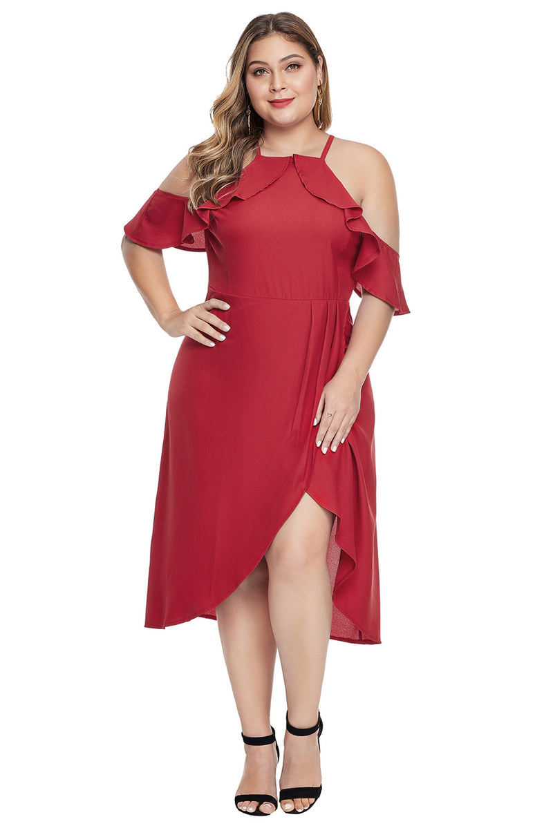 Red Off Shoulder Drop Sleeve Plus Size Dress