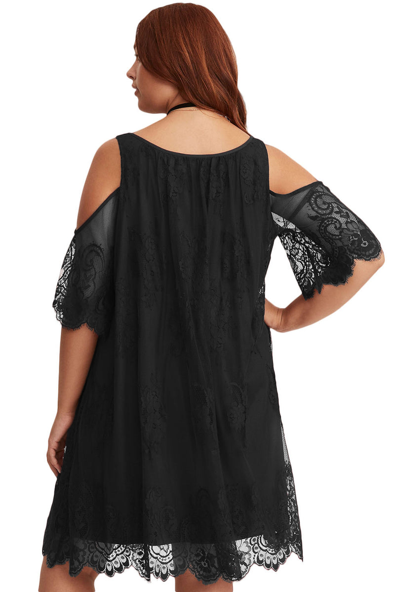 Black Plus Size Lace Cold Shoulder Trapeze Dress