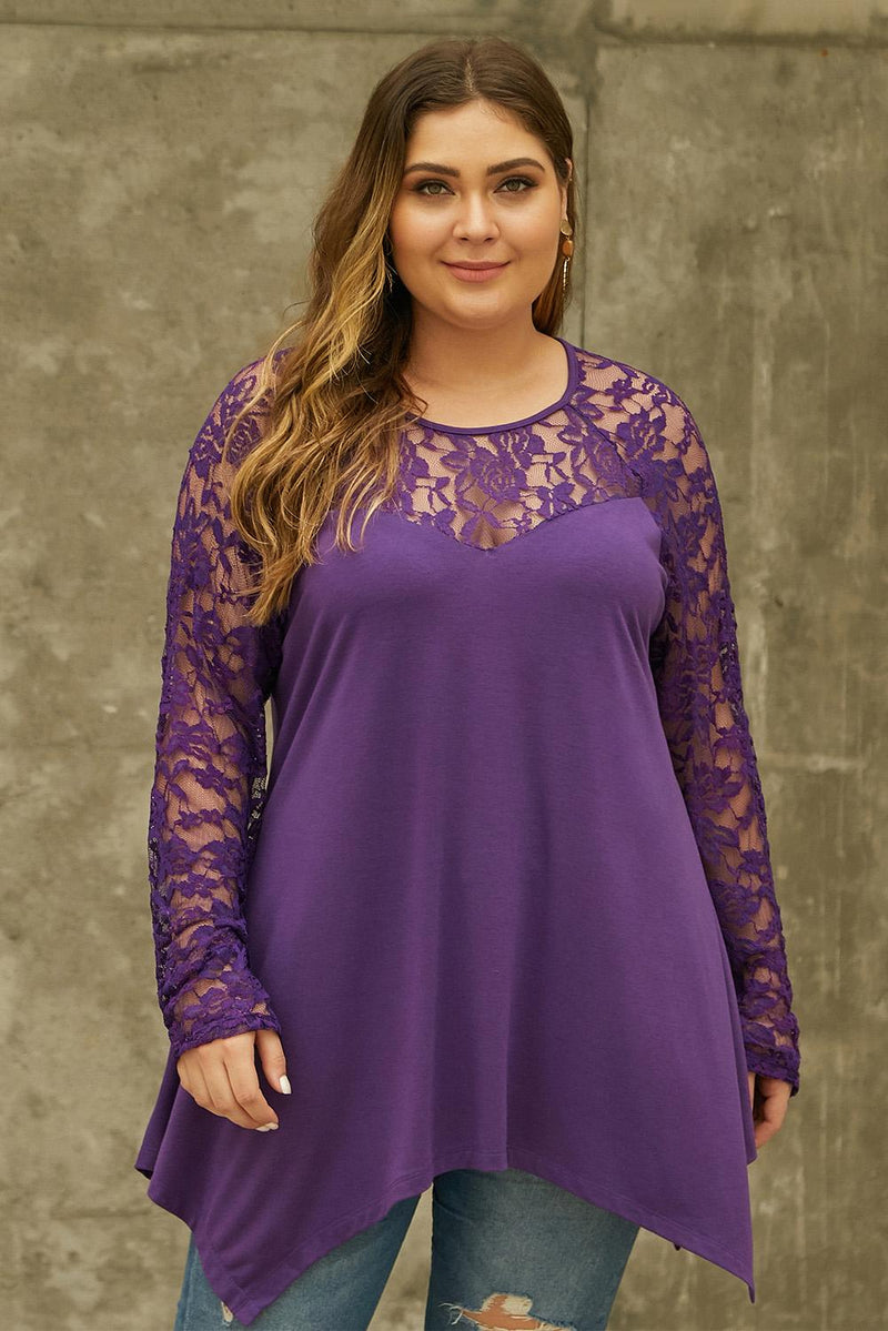 Purple Plus Size Lace Yoke Stitching Asymmetic Hemline Top