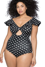 Black Ruffle Shoulder Plus Size One-piece Swimwear