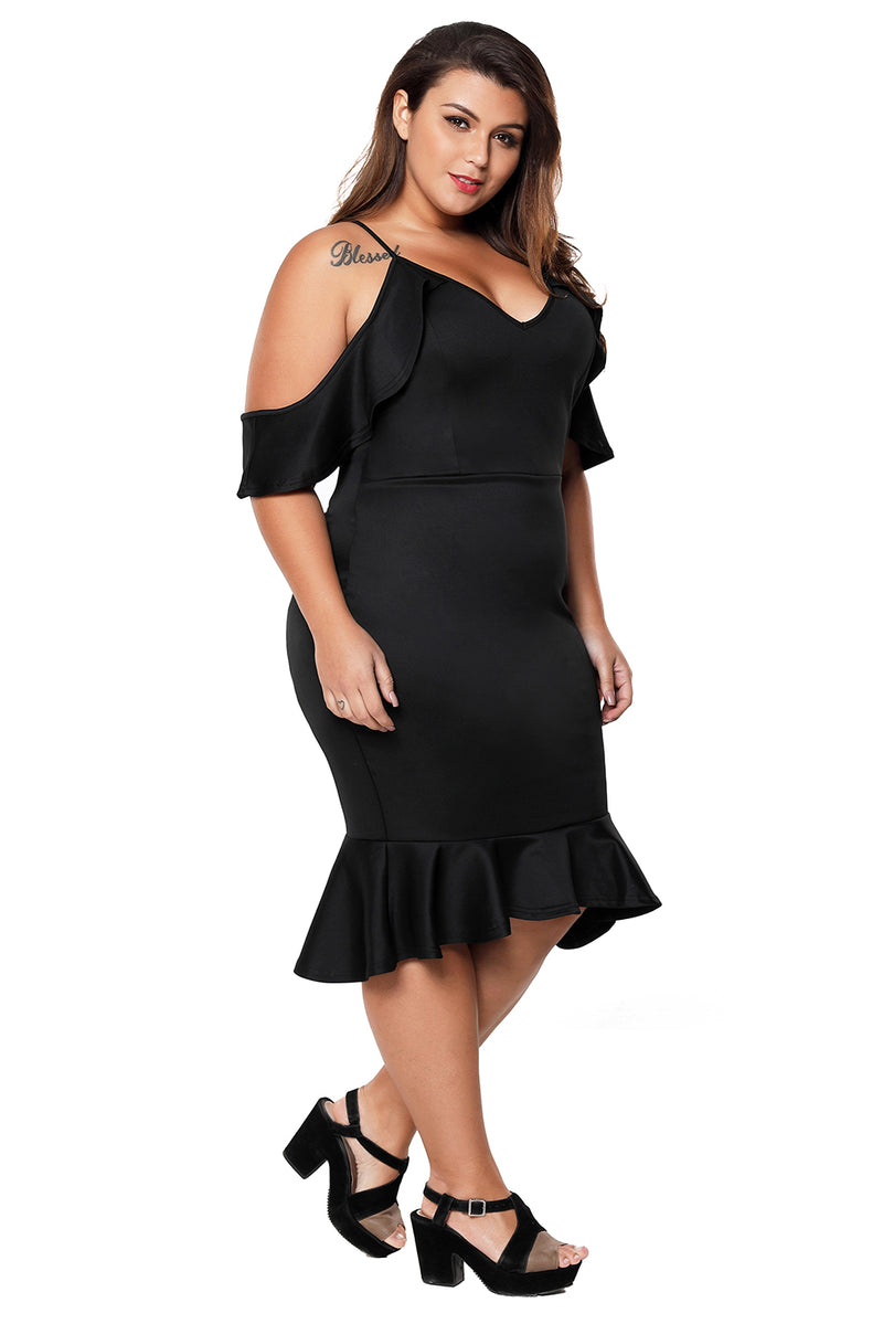 Black Plus Size Ruffle Cold Shoulder Flounced Dress