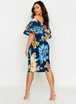 Blue Plus Off Shoulder Floral Ruffle Midi Dress