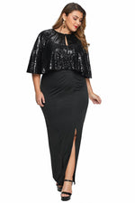 Black Sequin Cape Plus Size Maxi Dress