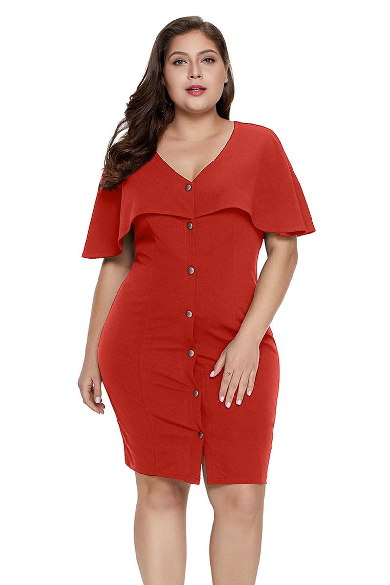 Orange Button Front Capelet Sheath Plus Size Dress