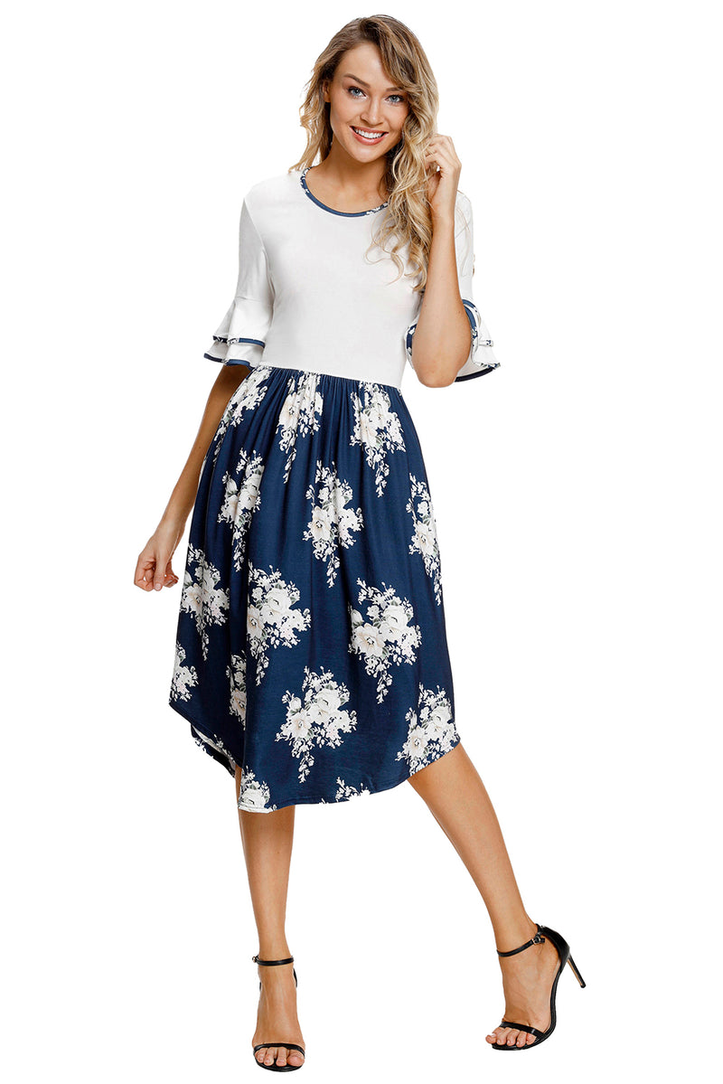 White Top Flora Skirt Layered Bell Sleeve Dress