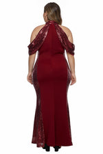 Red High Neck Drop Shoulder Sequin Décor Plus Size Gown