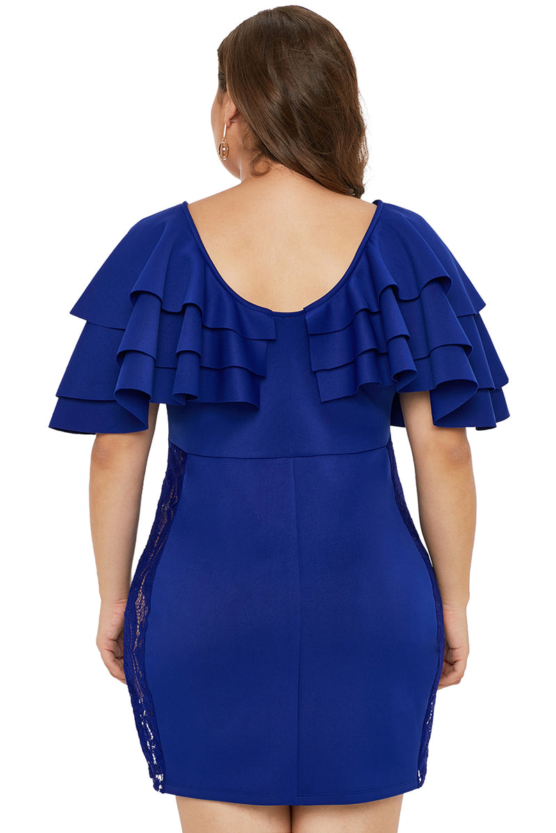 Blue Cascading Shoulder Lace Insert Plus Size Dress