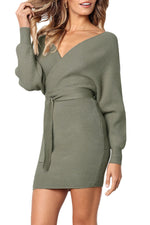 Olive Long Sleeve V Neck Tied Sweater Dress