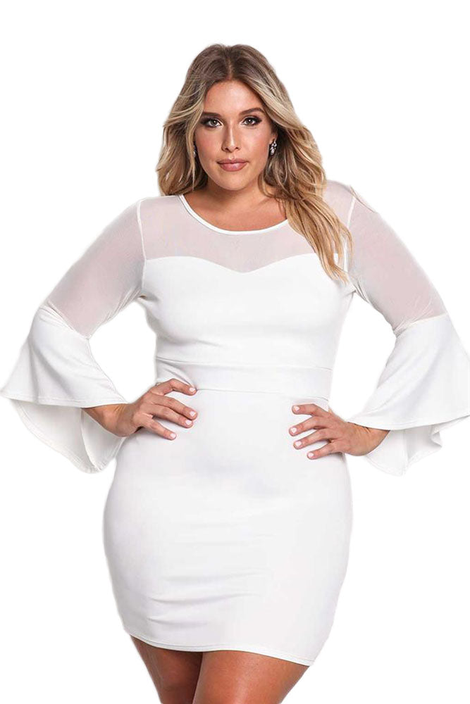 White Plus Size Mesh Trim Bell Sleeve Bodycon Dress