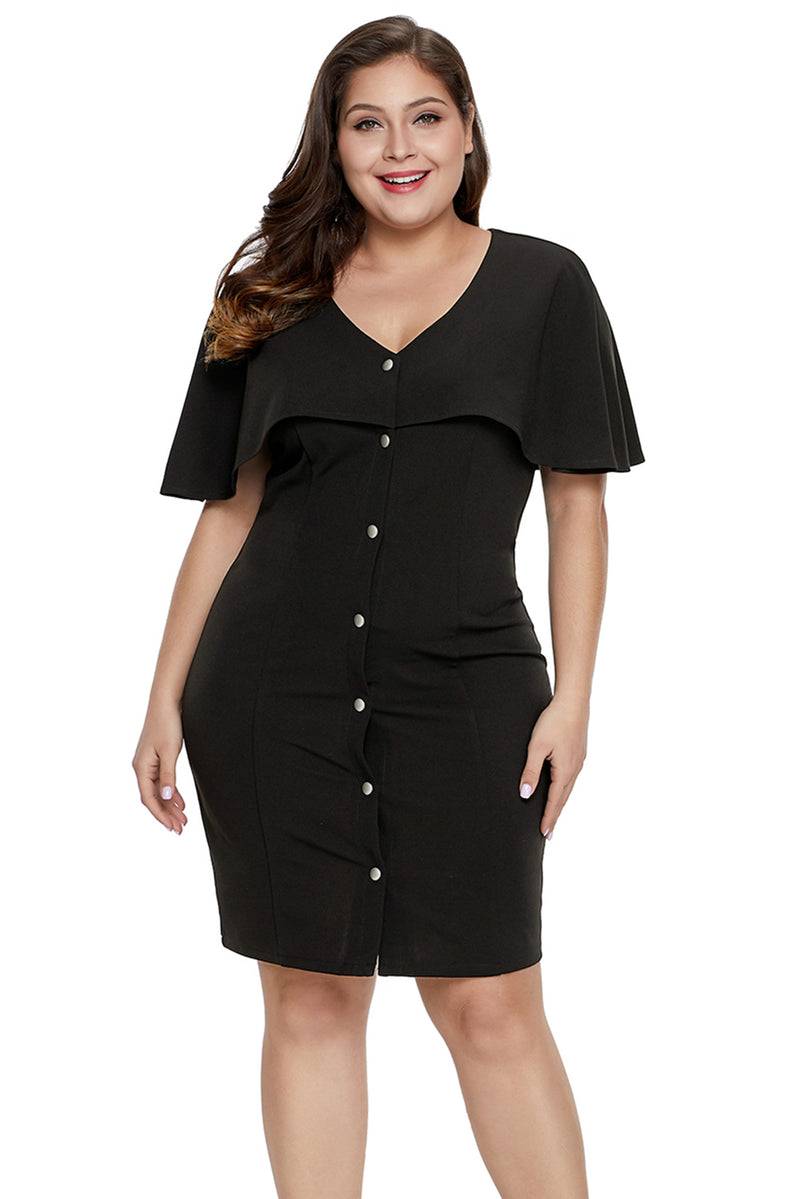 Black Button Front Capelet Sheath Plus Size Dress