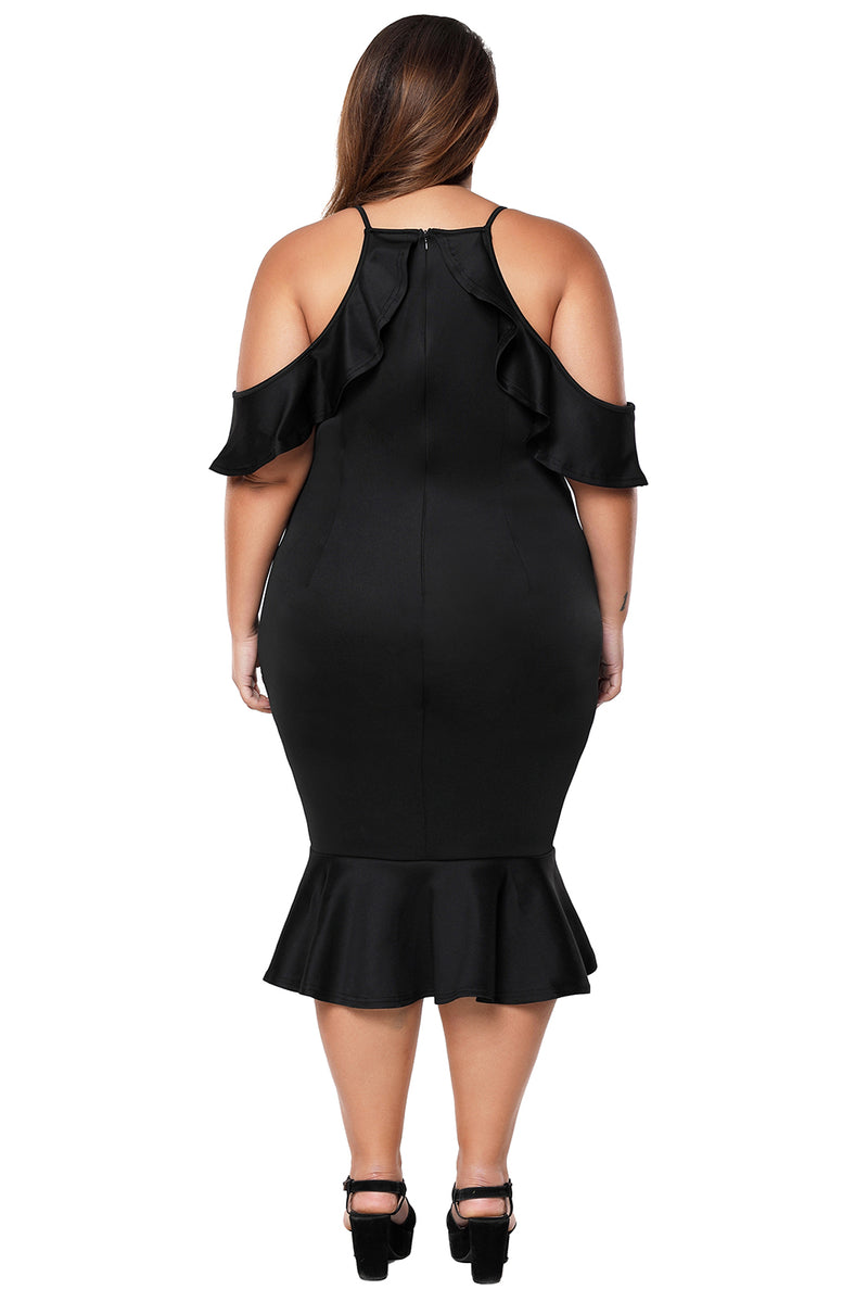 Black Plus Size Ruffle Cold Shoulder Flounced Dress