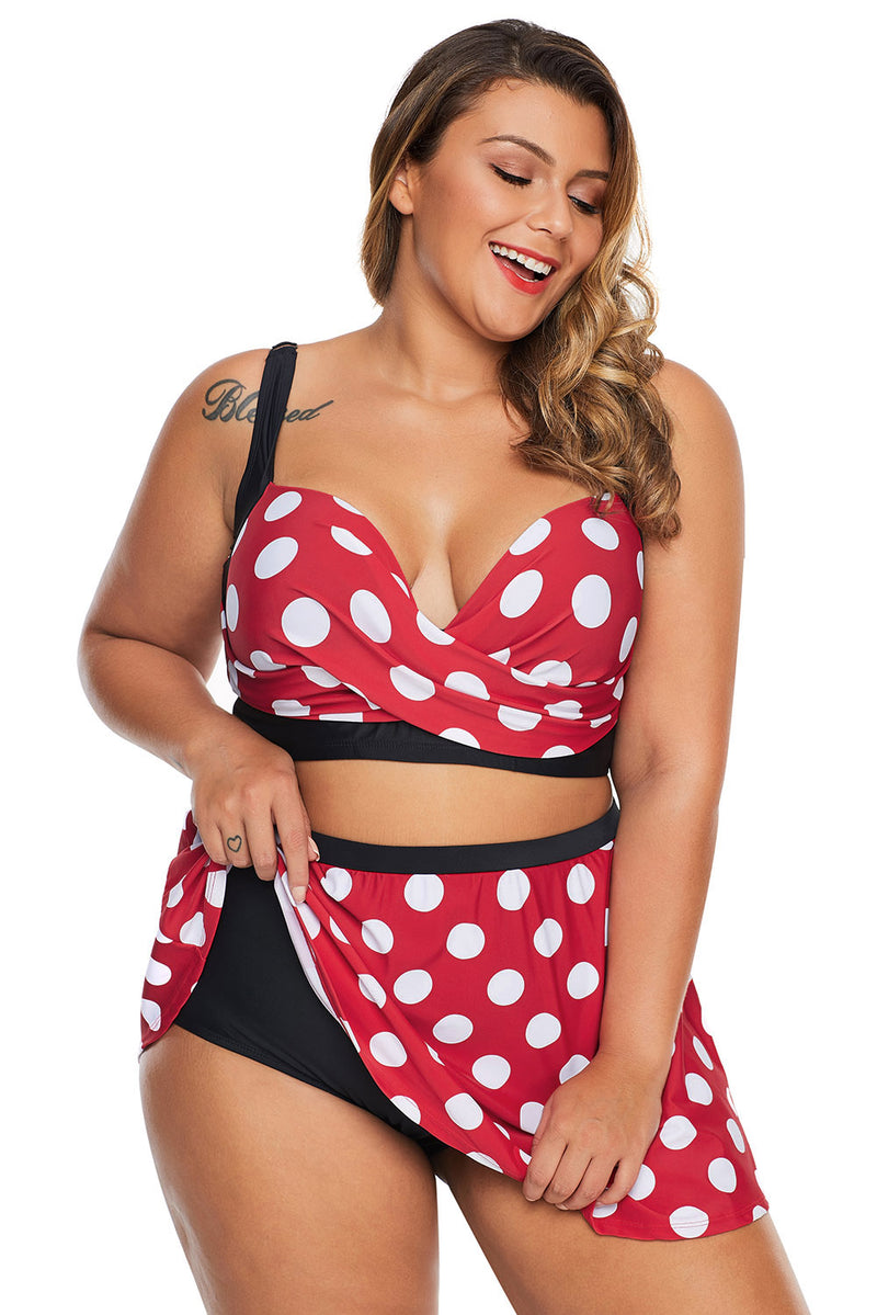 Plus Size Polka Dot White Red Bikini Top with Swim Skirt