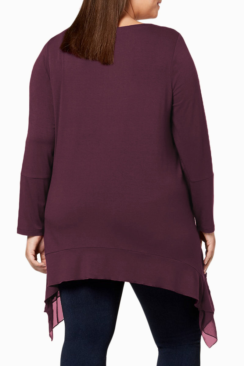 Burgundy Sheer Ruffled Splice Plus Size Top