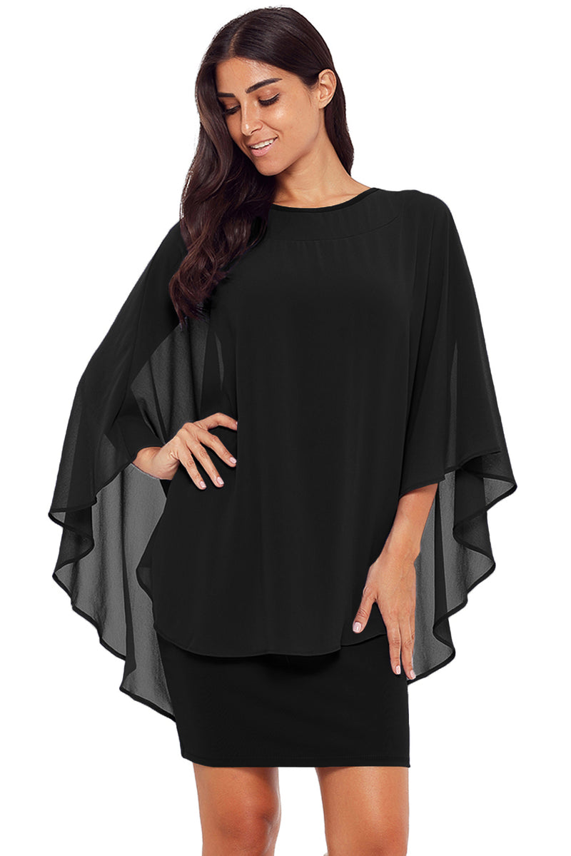 Black Slinky Sexy Gauze Cape Mini Dress