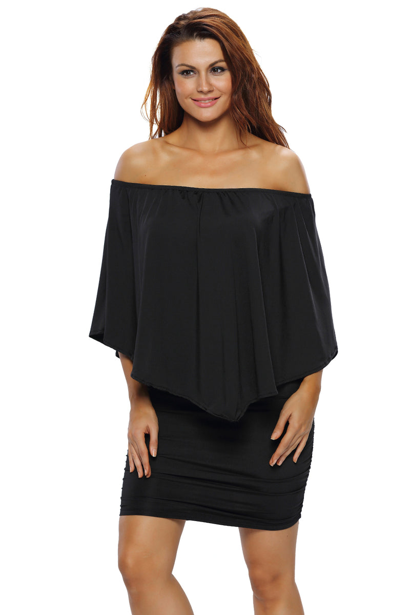 Plus Size Multiple Dressing Layered Black Mini Poncho Dress