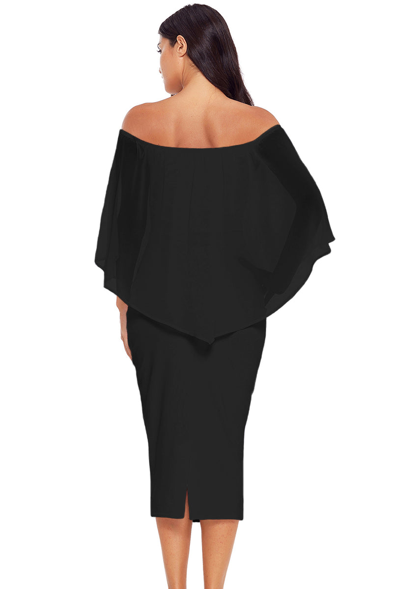 Black Off Shoulder Sleeve Detail Bodycon Midi Dress