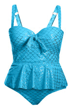 Sky Blue Plus Size Halter Neck Peplum Tankini