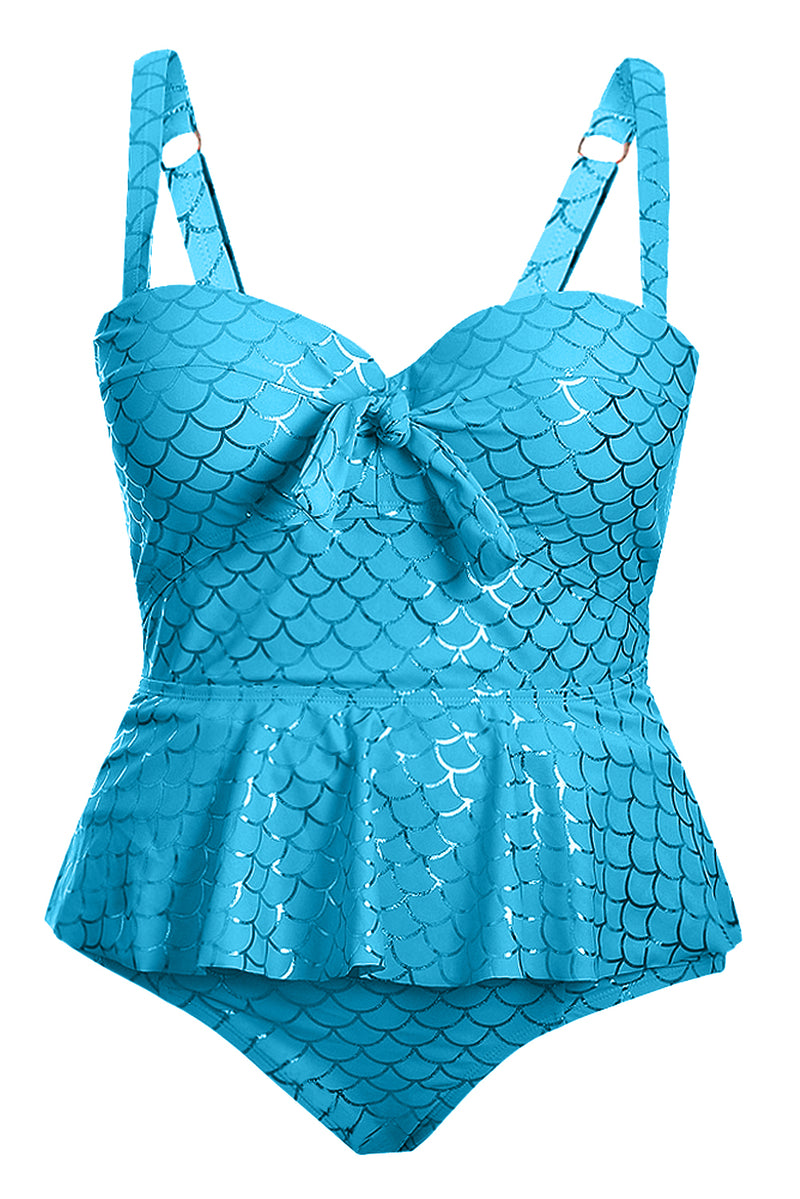 Sky Blue Plus Size Halter Neck Peplum Tankini