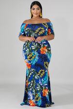 Green Off-the-shoulder Floral Print Plus Size Maxi Dress