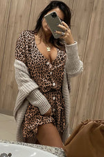 Leopard Print V Neck Button Half Sleeves Swing Dress