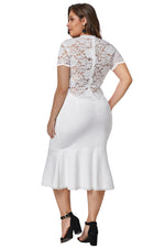 White Lace Panel Peplum Hem Plus Size Sheath Dress