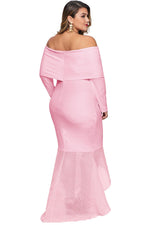 Pink Overlay Off Shoulder Fishtail Plus Size Maxi Dress