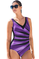 Purple Plus Size Striped Print V Neck Maillot Swimsuit