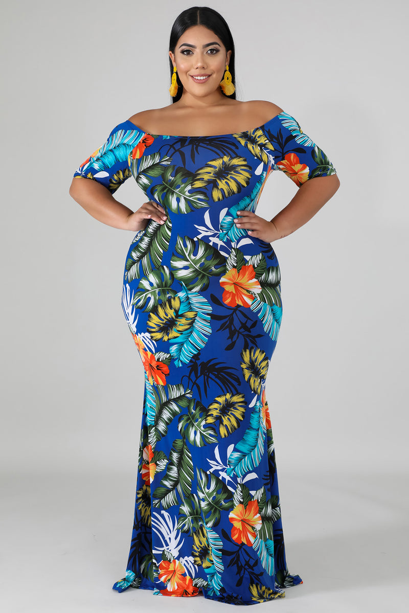 Green Off-the-shoulder Floral Print Plus Size Maxi Dress