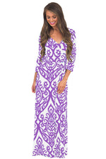 White Purple Damask Print Wrap V Neck Boho Dress