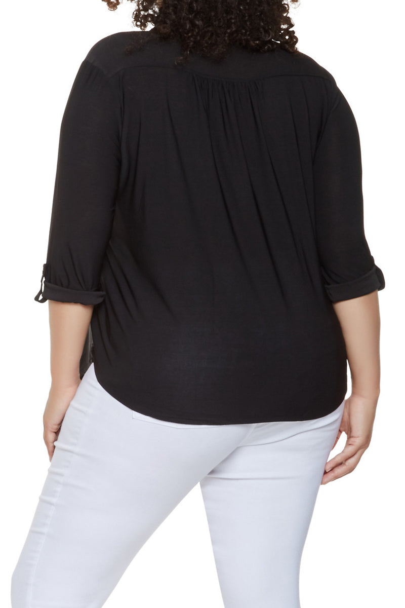 Black Plus Size Zip Up Pleated Top